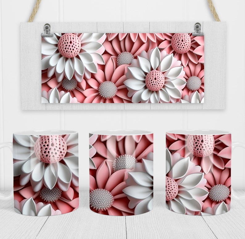 May include: Three white ceramic mugs with a pink and white floral design. The design features 3D-like flowers with pink petals and white centers.
