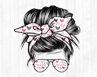 ValentinstagsHerzen Blanko Messy Bun Haarsublimation Design - Sonnenbrille Haarband PNG - Kommerzielle Nutzung Ok - 300 DPI - Fügen Sie Ihren Text hinzu