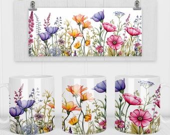 May include: Three white ceramic mugs with a floral design. The mugs feature a watercolor-style illustration of a variety of flowers in shades of pink, purple, orange, and yellow.