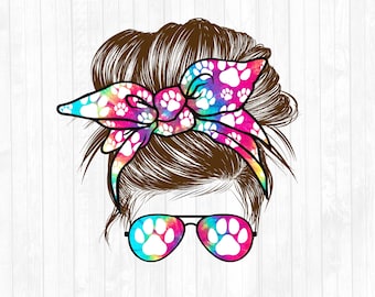 Dog Mom Messy Bun Brown Hair Sublimation Design - Sunglasses Hairband PNG - Messy Bun Waterslide- Commercial Use Ok - 300 DPI