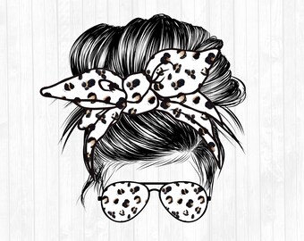 Leopard Messy Bun Hair Sublimation Design - Sunglasses Hairband PNG - Commercial Use Ok - 300 DPI - Blank