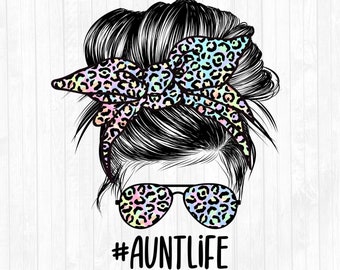 Irisierendes Regenbogen-Leoparden-Tante-Leben-Messy-Bun-Haarsublimationsdesign - Sonnenbrillen-Haarband PNG - Kommerzielle Nutzung ok - 300 DPI