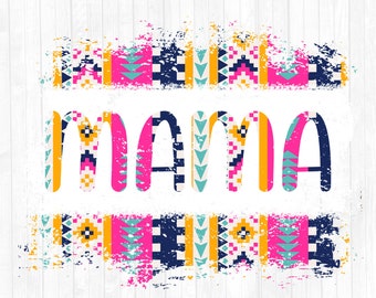 May include: A white background with a distressed, colorful, geometric pattern and the word "mama" in white letters.