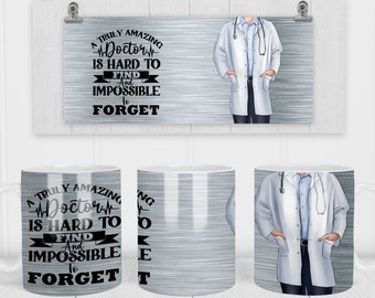 May include: Two white ceramic mugs with a silver metallic design. One mug features a doctor in a white coat with a stethoscope. The other mug has text that reads "A truly amazing doctor is hard to find and impossible to forget".