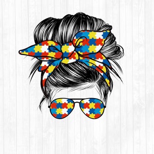 May include: A black and white illustration of a woman with a messy bun. The bun is decorated with a blue, yellow, and red puzzle piece patterned headband. The woman is wearing sunglasses with the same puzzle piece pattern.
