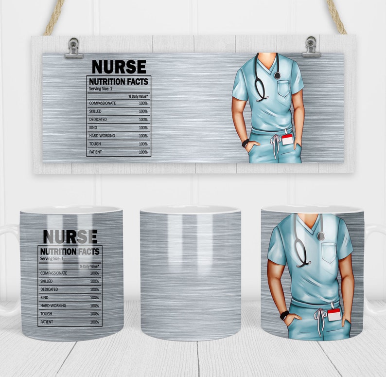 K&ouml;nnte beinhalten: Eine wei&szlig;e Keramiktasse mit silbernem Metallic-Design. Die Tasse zeigt eine Grafik einer Krankenschwester in einem blauen Kittel mit einem Stethoskop um den Hals. Der Text "NURSE NUTRITION FACTS" ist auf der Tasse aufgedruckt, zusammen mit einer Liste von Eigenschaften wie "compassionate", "skilled" und "patient", die alle einen Wert von 100% haben.