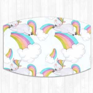 May include: A seamless pattern featuring white unicorns with rainbow tails and horns, holding onto colourful rainbows with clouds in the background.