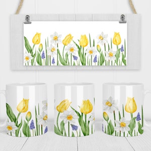11 & 15 Oz Yellow Tulips Coffee Mug Sublimation Template - Cricut Mug Press Sublimation Wrap - Mug Design PNG - 300 DPI