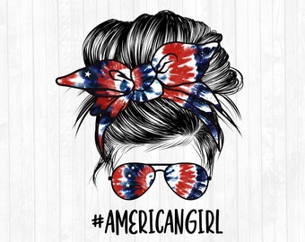 American Girl Tie Dye Messy Bun Hair Sublimation Design - Sonnenbrille Haarband PNG - Kommerzielle Nutzung Ok - 300 DPI - Blank