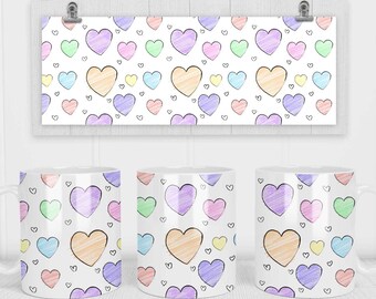 11 & 15 Oz Valentines Pastell Herzen Kaffeetasse Sublimation Vorlage - Cricut Mug Press Sublimation Wrap - Tasse PNG - 300 DPI