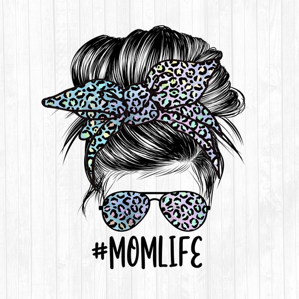 Iridescent Teal Leopard Mom Life Messy Bun Hair Sublimation Design - Sunglasses Hairband PNG - Commercial Use Ok - 300 DPI