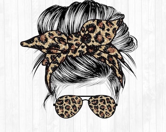 Glitter Leopard Blank Messy Bun Hair Sublimation Design - Sunglasses Hairband PNG - Commercial Use Ok - 300 DPI - Add Your Text