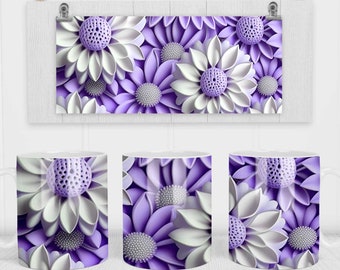 3D Lila weiße Blumen Tasse - 11 Unzen Becher - 15 Unzen Becher - Sublimations-Design - Cricut Becherpresse - Sublimation Wrap - Kaffeetassen-Design - 300 DPI
