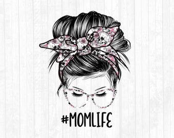Pink Skulls Mom Life Messy Bun Haar Sublimationsdesign - Sonnenbrille Haarband PNG - Kommerzielle Nutzung Ok - 300 DPI