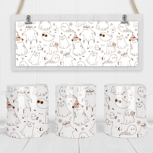 May include: Two white ceramic mugs with a repeating pattern of ghosts, cats, and stars in brown. The ghosts are wearing flowers, hats, and have different facial expressions.