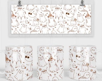 11 & 15 Oz Halloween Ghosts Coffee Mug Sublimation Template - Cricut Mug Press Sublimation Wrap - Tazza PNG - 300