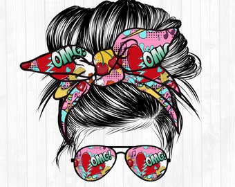 Comic Pop Art Messy Bun Hair Sublimation Design - Sonnenbrillen Haarband PNG - Kommerzielle Nutzung Ok - 300 DPI - Add Your Text