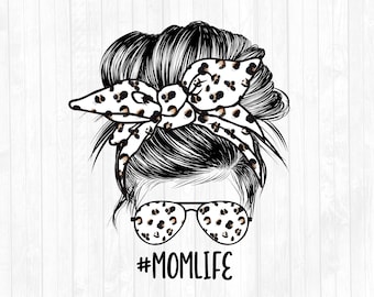 Leopard Mom Life Messy Bun Hair Sublimation Design - Sunglasses Hairband PNG - Commercial Use Ok - 300 DPI - Blank