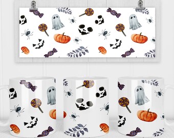 11 & 15 Oz Pumpkins and Ghosts Halloween Coffee Mug Sublimation Template - Cricut Mug Press Sublimation Wrap - Mug PNG - 300 DPI