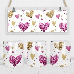 11 & 15 Oz Valentines Glitter Harten Koffiemok Sublimatie Sjabloon - Cricut Mok Druk Sublimatie Wrap - Mok PNG - 300 DPI