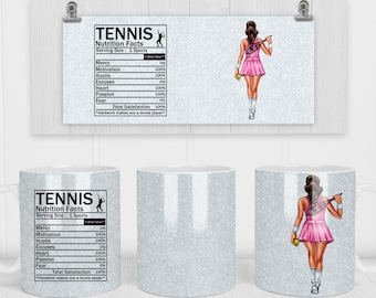 11 & 15 Unzen Tennis Fakten Brunette Haar Rosa Outfit Becher Sublimation Vorlage - Cricut Becher Press Sublimation Wrap - Becher PNG - 300 DPI