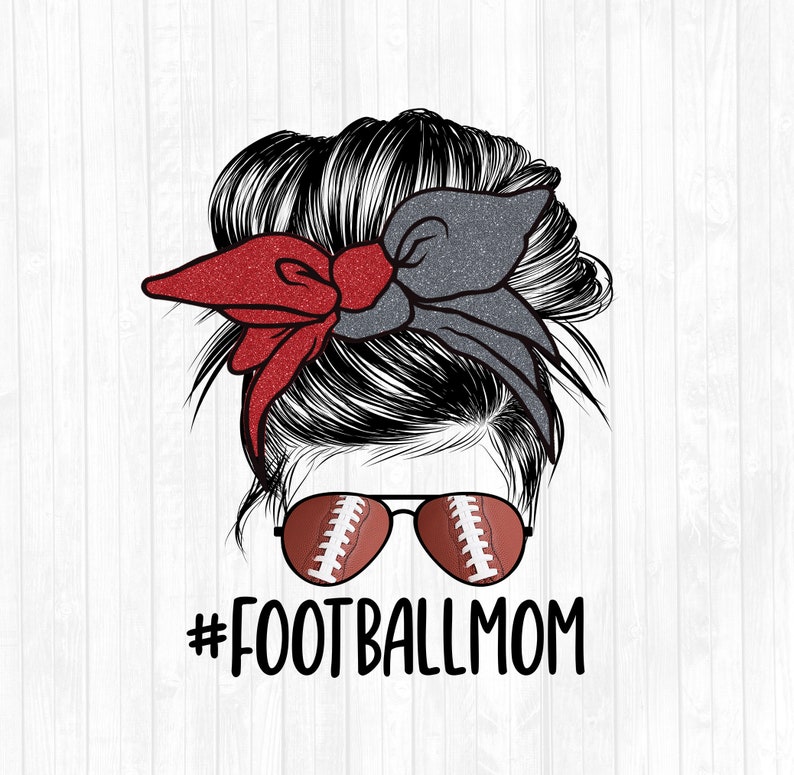 Football Maman Scarlet Rouge et Gris Paillettes Messy Bun Hair Sublimation Design Lunettes de soleil Bande de cheveux PNG Utilisation commerciale Ok 300 DPI image 1