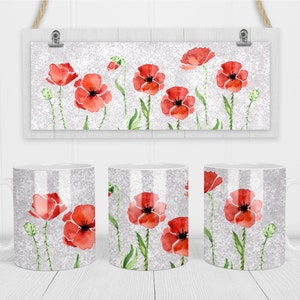 11 & 15 Unzen rote Aquarell Mohnblumen Sublimation Vorlage - Cricut Becher Press Sublimation Wrap - Becher PNG - 300 DPI