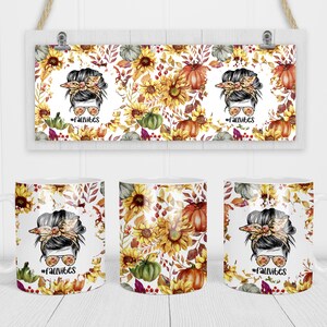 May include: White ceramic mugs and a decorative sign featuring a fall theme. The design includes sunflowers, pumpkins, and fall leaves. The mugs and sign have a woman's face with sunglasses and the text "#fallvibes".