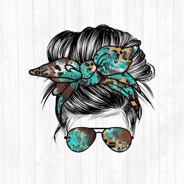 Cow Hide Leopard Turquoise Messy Bun Hair Sublimation Design - Sunglasses Hairband PNG - Commercial Use Ok - 300 DPI