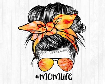 Orange Tie Dye Mom Life Messy Bun Hair Sublimation Design - Solglasögon Hårband PNG - Kommersiellt bruk OK - 300 DPI