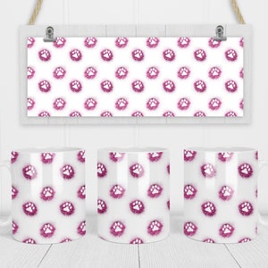 11 & 15 Oz Pink Glitter Paw Prints Coffee Mug Sublimation Template - Cricut Mug Press Sublimation Wrap - Mug PNG - 300 DPI