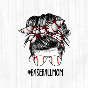 May include: A black and white illustration of a woman with a messy bun. The bun is decorated with a red headband with white baseballs. The woman is wearing sunglasses with baseballs on the lenses. The text #BASEBALLMOM is below the image.