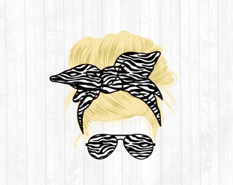 Blondes Zebra Print Messy Bun Haarsublimation Design - Sonnenbrille Haarband PNG - Kommerzielle Nutzung Ok - 300 DPI-BLANKO