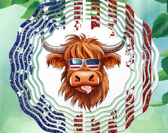 Sublimeringsmall för vindspinnar med glitterflagga av Highland Cow - 11 tums sublimering - rund hängande vindspinnar PNG - direktnedladdning
