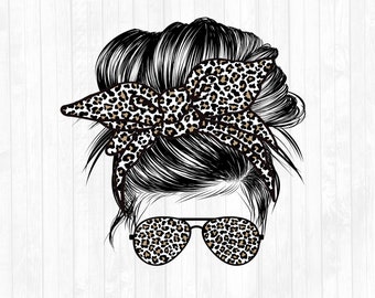 Leopard Print Messy Bun Hair Sublimation Design - Sunglasses Hairband PNG - Commercial Use Ok - 300 DPI - Blank