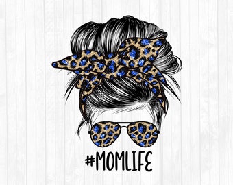 Royal Blau Glitzer Leopard Mom Life Messy Bun Haar Sublimation Design - Sonnenbrille Haarband PNG - Kommerzielle Nutzung Ok - 300 DPI