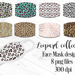 Disegni di maschere facciali a sublimazione leopardata, bundle di maschere facciali, modello di maschera facciale, download digitale, file PNG, 300 dpi, sublimatiion di colorante
