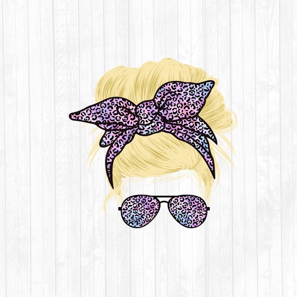 Iridescent Rainbow Leopard Mom Life Messy Bun Hair Sublimation Design - Sunglasses Hairband PNG - Commercial Use Ok - 300 DPI - Blank