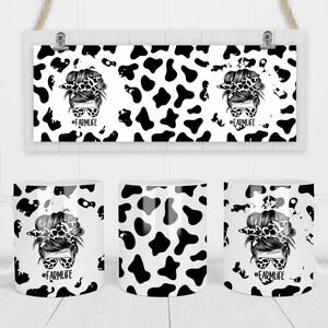 May include: Three white mugs with black and white cow print designs. Each mug features a black and white illustration of a woman with a bun in her hair wearing sunglasses and a bandana. The text "#FARM LIFE" is printed on each mug.