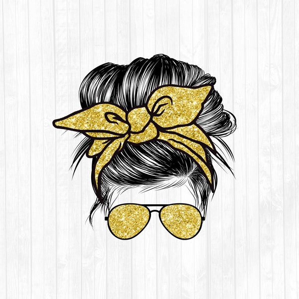 Yellow Glitter Blank Messy Bun Hair Sublimation Design - Leopard Sunglasses Hairband PNG - Commercial Use Ok - 300 DPI - Add Your Text