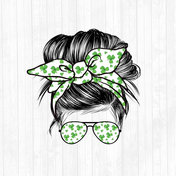 3 Leaf Clover Messy Bun Hair Sublimation Design - Sunglasses Hairband PNG - Commercial Use Ok - 300 DPI - Blank