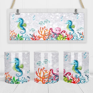 May include: Three white mugs featuring a seahorse, octopus, and coral reef design. The mugs have a silver glitter background.