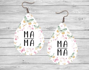 Pink Butterfly Mama Earring PNG - Sublimation Design - Earring Design Template PNG - Instant Digital Download - Teardrop Earring