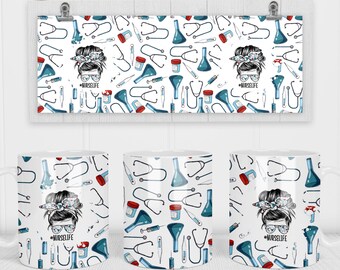 11 & 15 Oz Nurse Life Mug Sublimation Template - Cricut Mug Press Sublimation Wrap - Mug PNG - 300 DPI