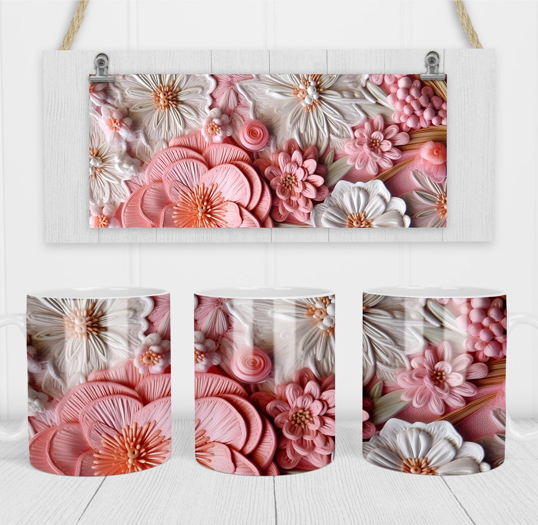 3D Pink and White Embroidered Flowers Mug - 11 Oz Mug - 15 Oz Mug ...