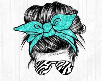 Turquoise Glitter Blank Messy Bignon Hair Sublimation Design - Zebra Sunglasses Hairband PNG - Utilisation commerciale Ok - 300 DPI - Ajoutez votre texte