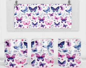 Purple Butterflies Mug Wrap 11 & 15 Oz Sublimation Mug Template - Cricut Mug Press Sublimation Wrap - Mug Design PNG - 300 DPI