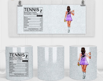 11 & 15 Oz Tennisfakta Brunett Hår Lila Outfit Mugg Sublimeringsmall - Cricut Mug Press Sublimeringswrap - Mugg PNG - 300 DPI