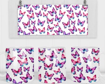 11 & 15 Oz Pink And Purple Butterfly Coffee Mug Sublimation Template - Cricut Mug Press Sublimation Wrap - Mug PNG - 300 DPI