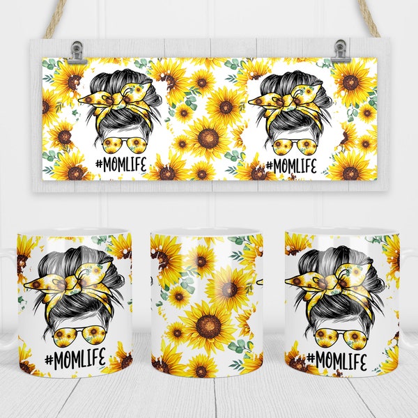 11 & 15 Oz Sunflower Floral Mom Life Messy Bun Hair Sublimation Mug Template - Cricut Mug Press Sublimation Wrap - Mug Design PNG - 300 DPI